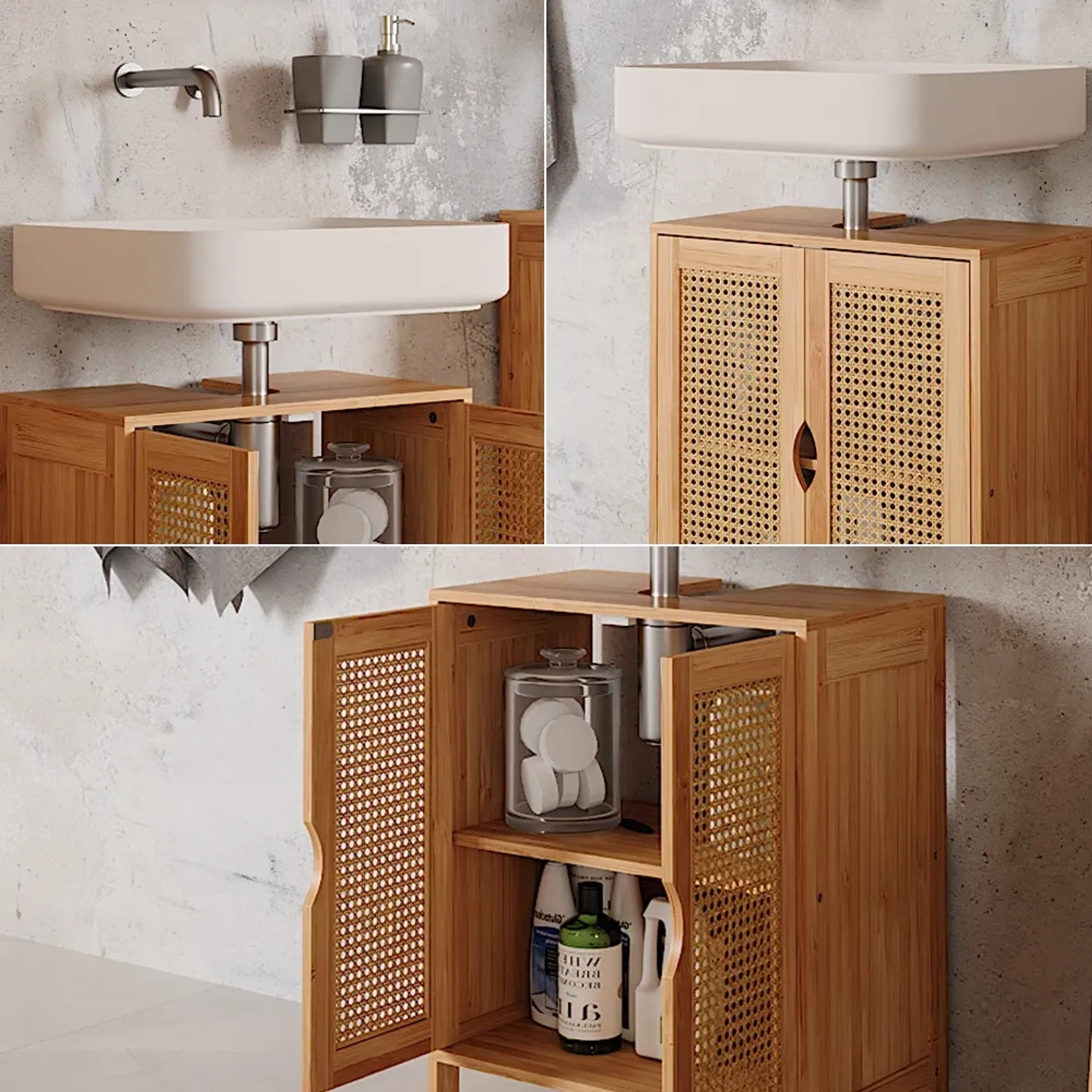 Vicco Waschbeckenunterschrank Liora aus Bambus, 48x60 cm, mit Stauraum für Badutensilien.