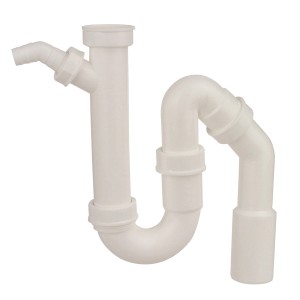Weißer Kirchhoff Röhrensiphon für Spültische, 44,9 mm (1 1/2 IG) x DN 40/50 mm, mit Geräteanschluss.