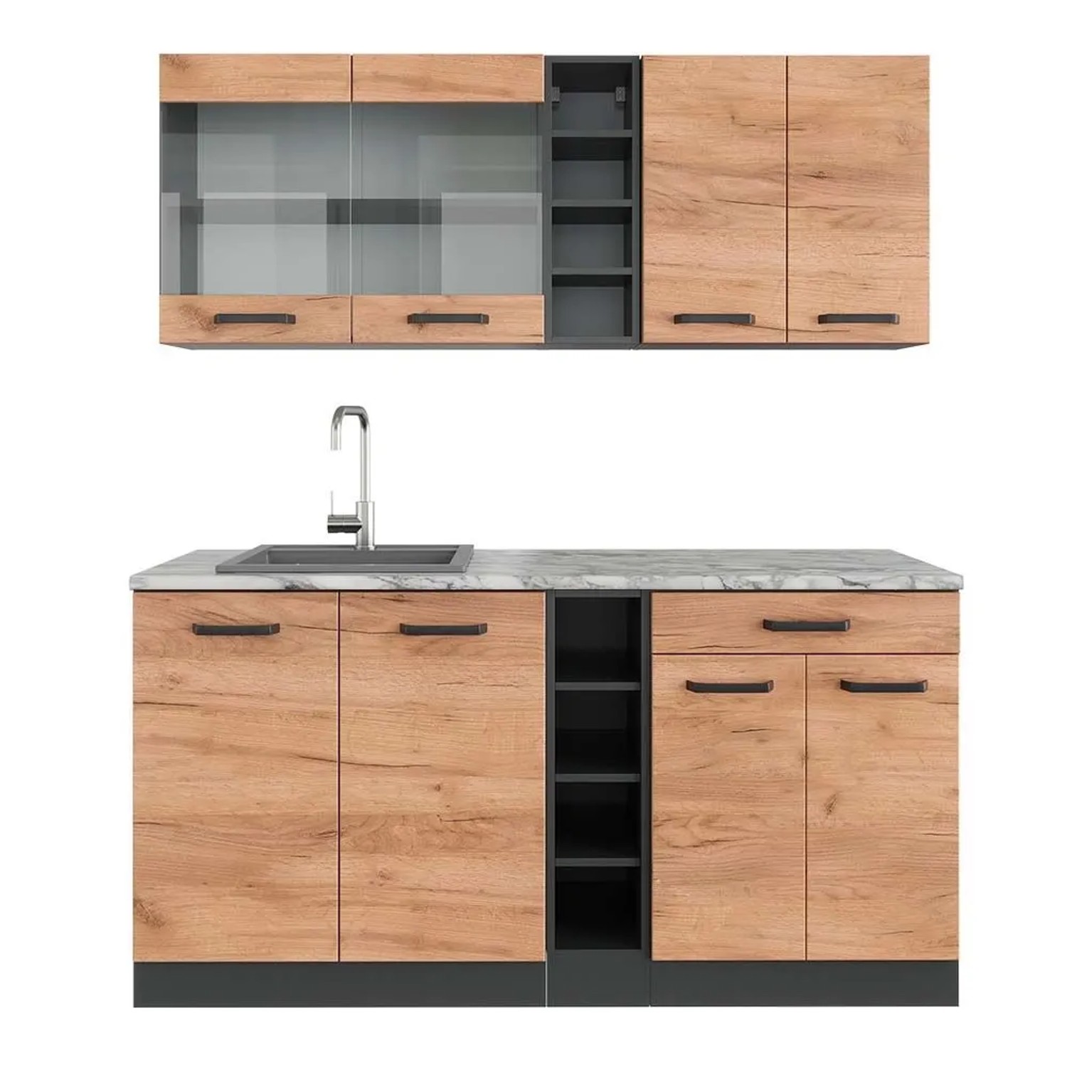 Vicco R-Line Singleküche Goldkraft Eiche Anthrazit 160 cm AP Marmor ohne E-Geräte