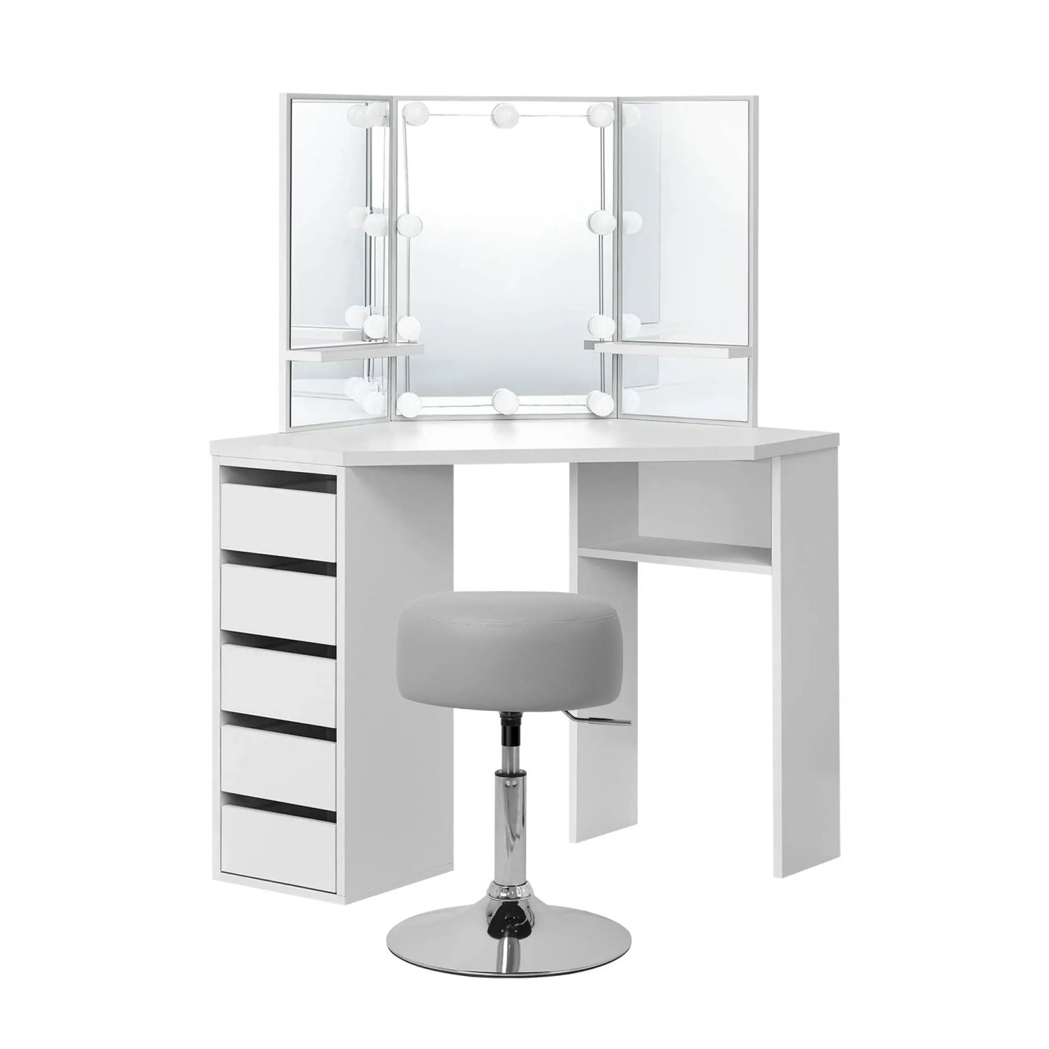 ML-Design Eckschminktisch 110x141,5 cm Weiß mit Beleuchtung und Hocker