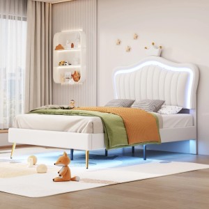 PXloue Kinderbett Polsterbett 90x200 mit LED Krone-Kopfteil Kunstleder Weiß Lattenrost