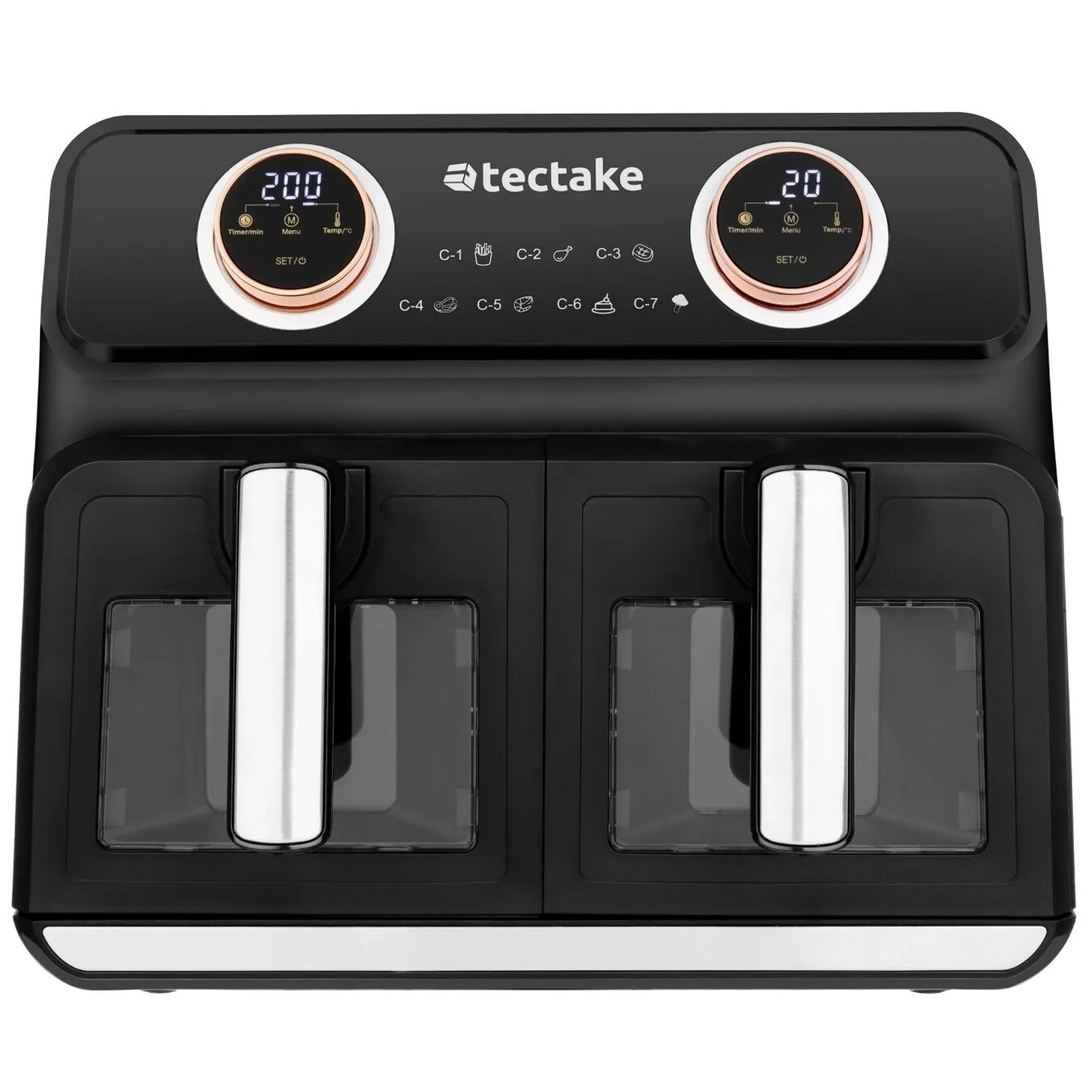 Tectake Heißluftfritteuse  Samurai 2 Garräume  Je 4 L  2400 W Led Touchscreen und 2 Drehknöpfe Mit 7 Programmen   39 x 37 50 x 31 50 cm Schwarz