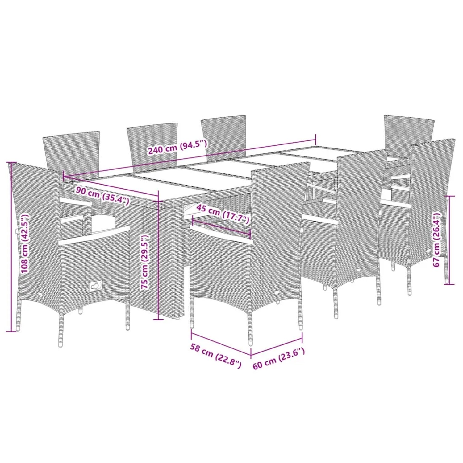 Graue 9-teilige Garten Essgruppe aus Polyrattan mit Tisch und 8 Stühlen inklusive Sitzkissen.