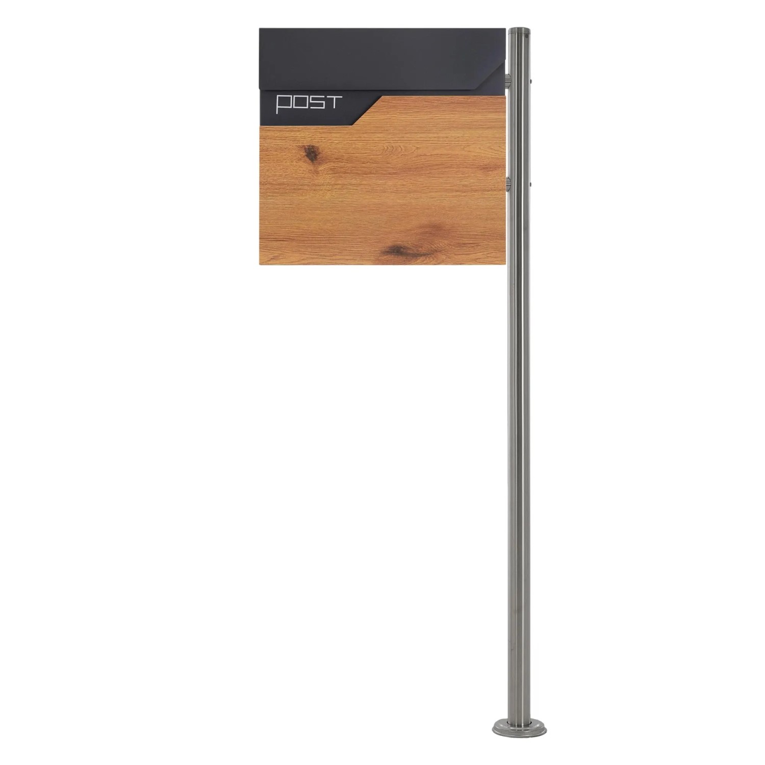 ML-Design Standbriefkasten in Anthrazit-Holzoptik mit Zeitungsfach und silbernem Pfosten.