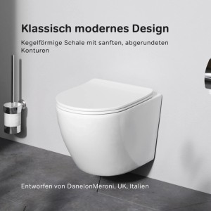 Modernes weißes Wand-WC mit geschlossener Soft-Close-Absenkautomatik und abgerundeten Konturen. Teil des WC-Sets für Bad.