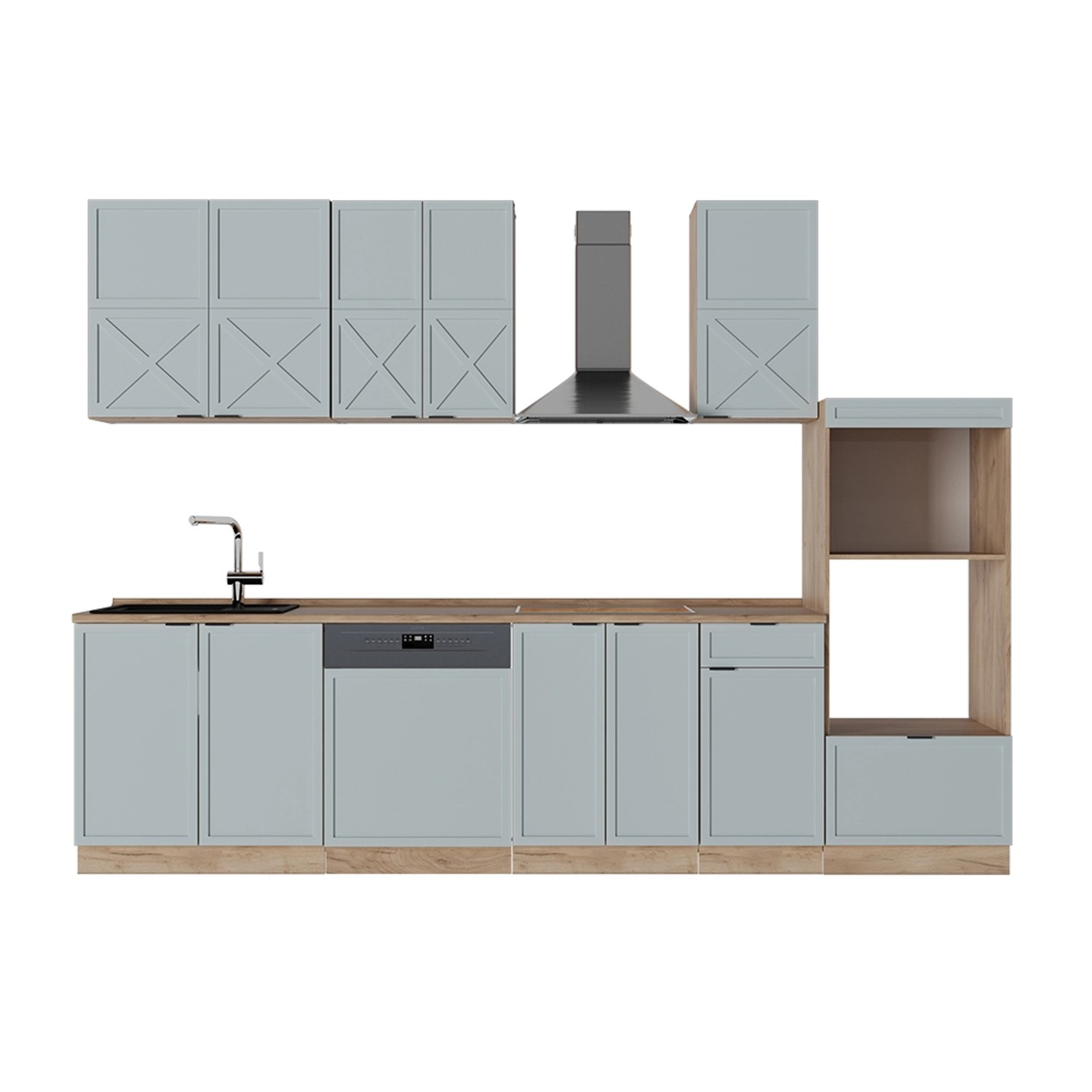 Vicco Fame-Line Küchenzeile Hellblau-grau/Goldkraft Eiche 300 cm mit Hochsc günstig online kaufen