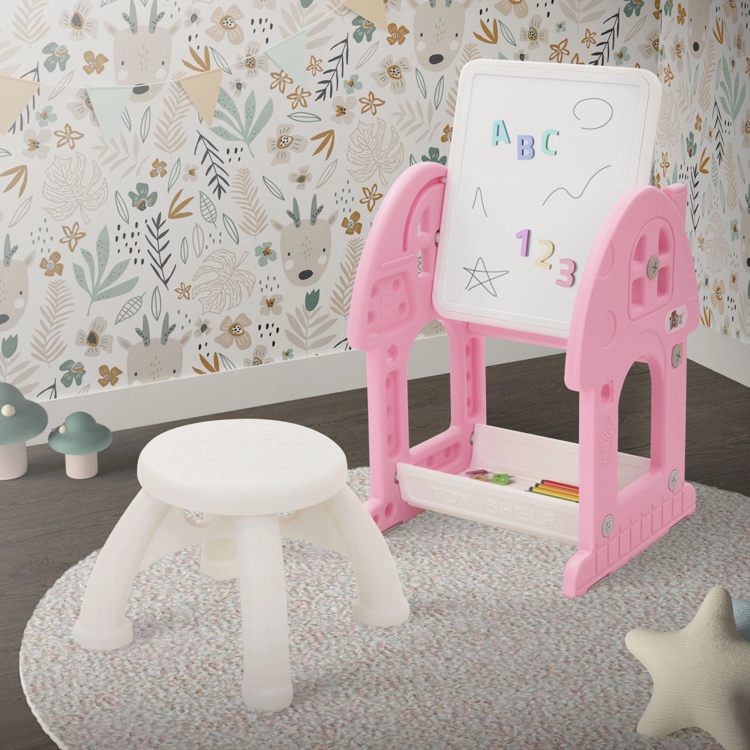 Joyz 2in1 Tafel-Spieltisch mit Hocker, rosa-weiß. Kindertafel mit Stuhl für Spiel und Spaß.