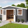 Carbongraues Lasita Holz-Gartenhaus Wels mit geöffneten Doppeltüren und Fenstern.