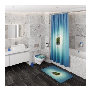 Badezimmer mit Sanilo Dream Island Badematte, Duschvorhang und WC-Sitz mit Inselmotiv.