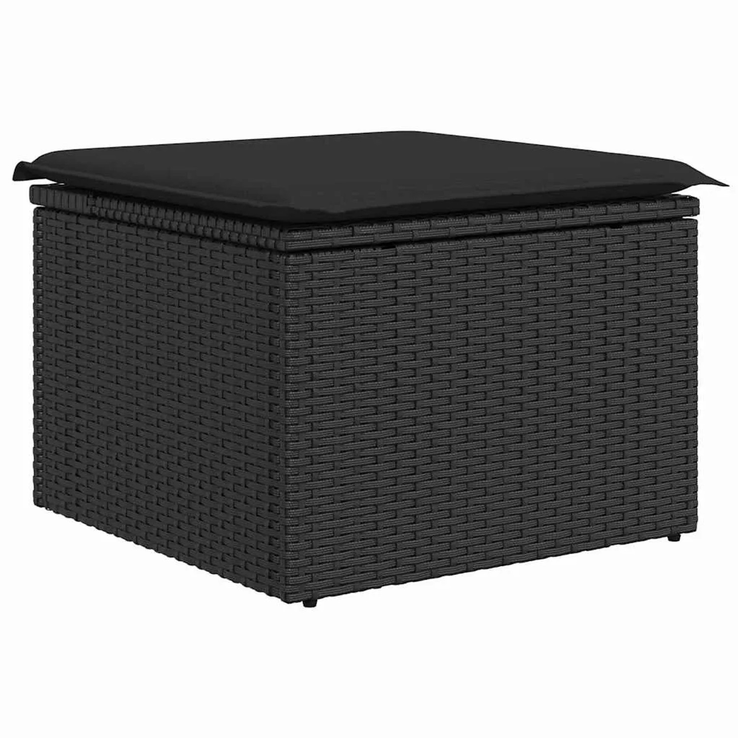 Schwarzer vidaXL Gartenmöbel-Hocker aus Polyrattan mit Kissen, Teil eines modularen Sofa-Sets.