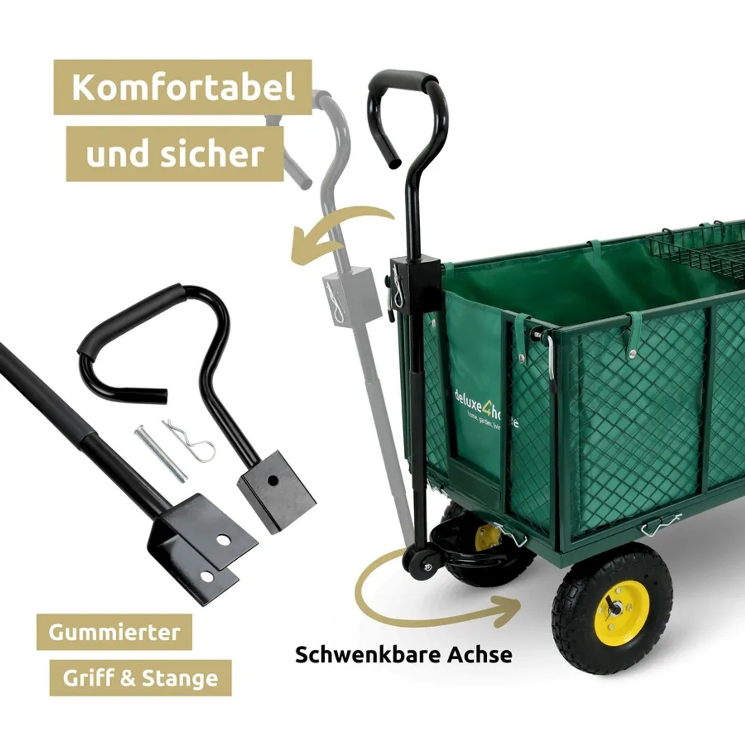 deluxe4home Bollerwagen, grüner Transportwagen mit schwenkbarer Achse und Zubehör.