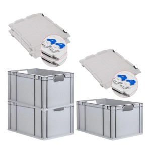 PROREGAL Spar Set: 3 graue Euroboxen mit Scharnierdeckel und blauen Verschlüssen, 65 Liter.