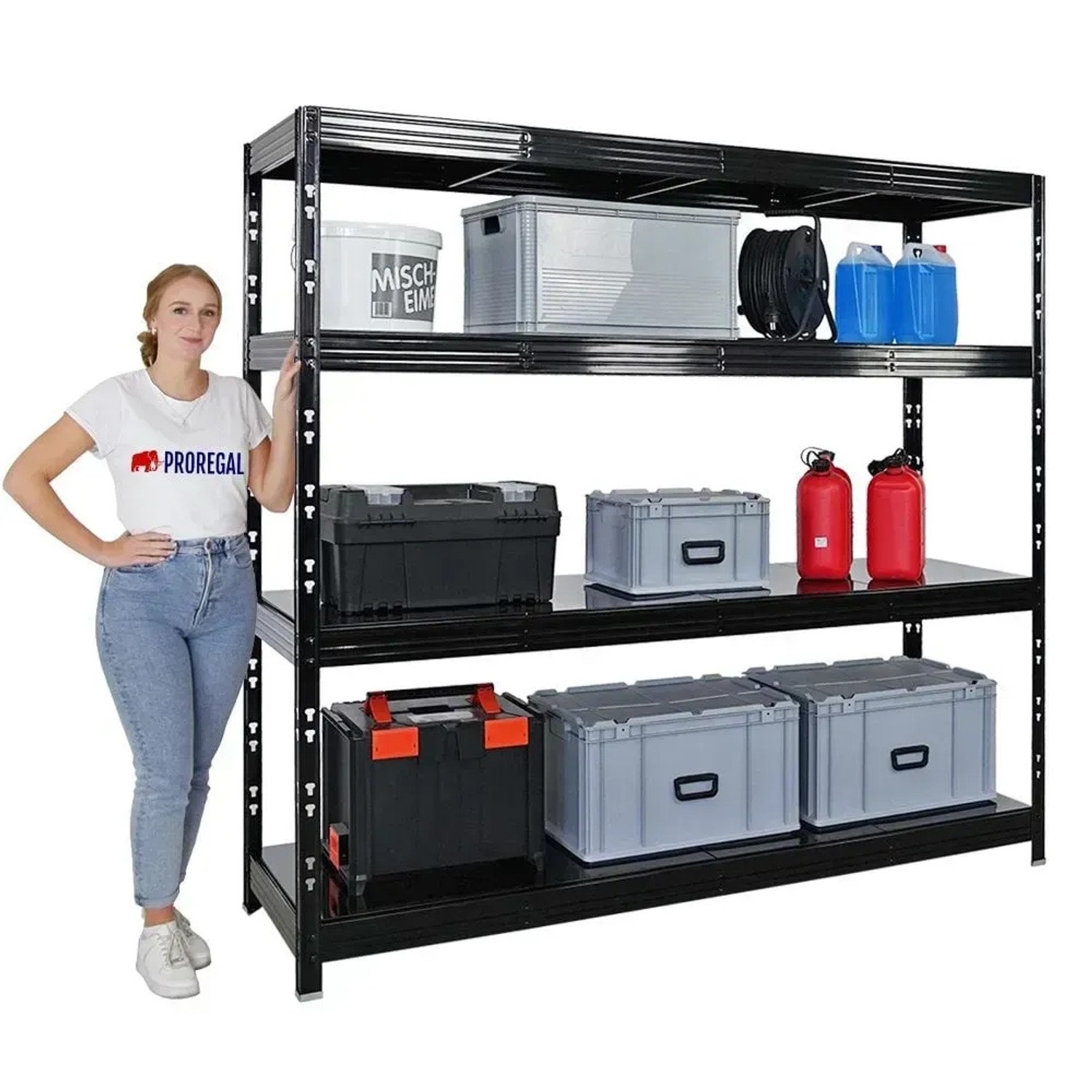 Schwarzes PROREGAL Schwerlastregal (180x200x60cm) mit 4 Stahlplatten-Ebenen und diversen Lagerboxen.