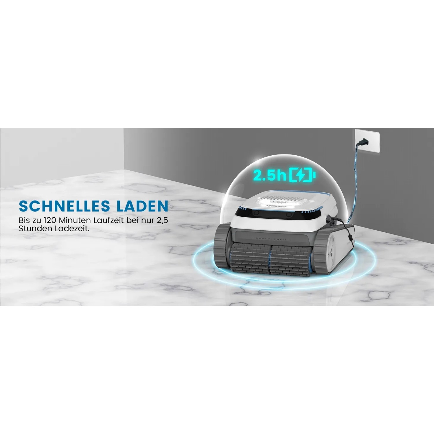 Poolroboter Royal PC10 Akku lädt. Der Poolsauger ist weiß/grau und hat eine Ladezeit von 2,5h.