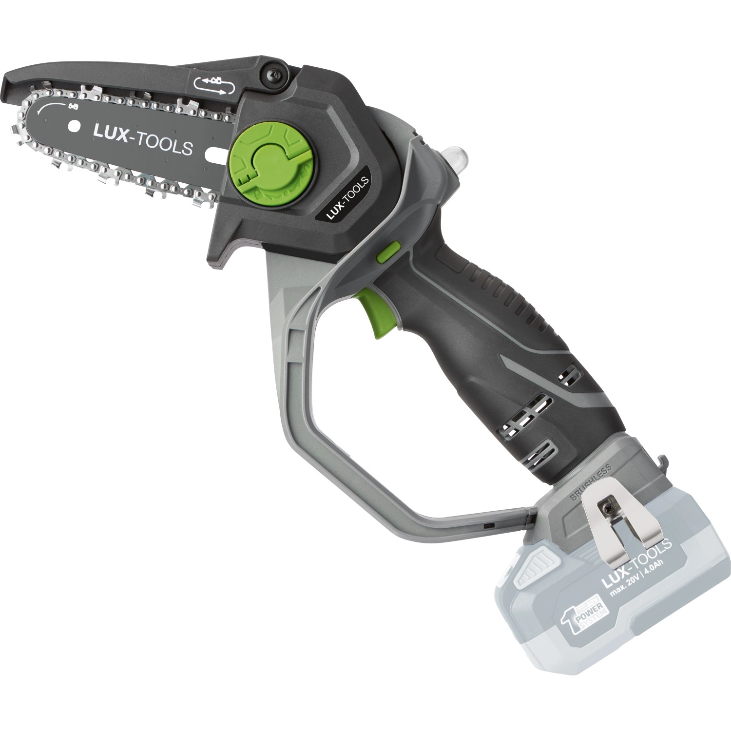 LUX-TOOLS Akku-Astsäge A-EAS-20/154 aus dem 1 PowerSystem für Gartenarbeiten.
