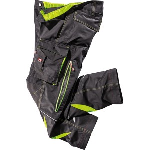 Bullstar Arbeitshose Ultra, schwarz-lime, Gr. 58. Moderne Arbeitshose mit vielen Taschen und Reflektoren.