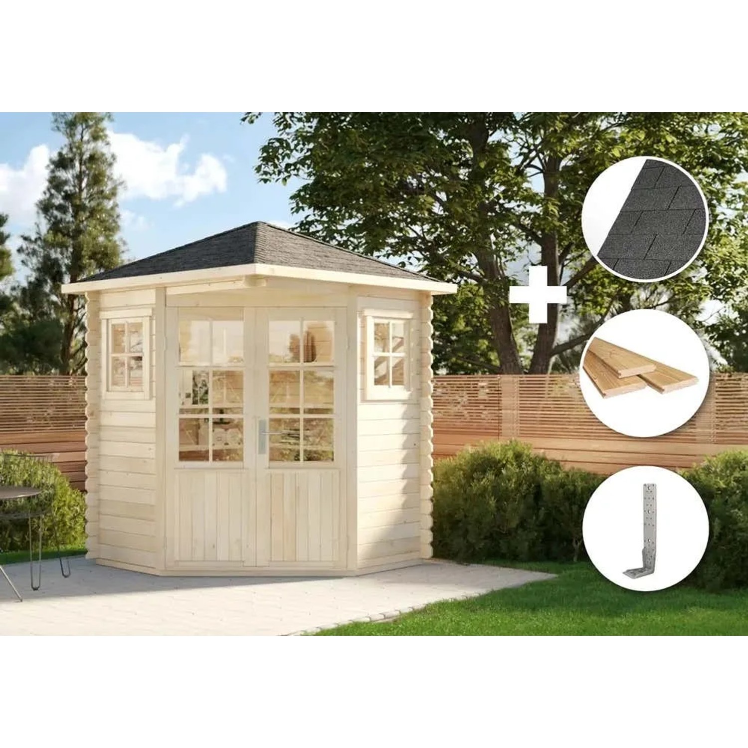 Alpholz Gartenhaus Set Sunny-A, 5-Eck, imprägniert in Pinie, inkl. Zubehör wie Dacheindeckung und Fußboden.