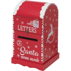 Roter Deko Briefkasten aus Holz (17x30cm) mit weihnachtlichen Motiven wie Schneeflocken und Rentier.