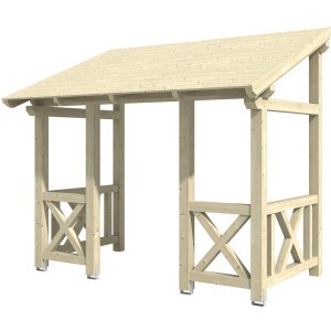 Skan Holz Vordach Paderborn 7 aus Fichte, 336x202cm, naturbelassen. Haustürvordach mit Zapfenverbindungen.