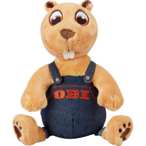 OBI Biber Plüschtier, orange, sitzend, mit Jeans-Latzhose und OBI Logo. Kuschelige Dekorative Figur für Kinder.