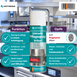 Hotrega Edelstahl Pflegespray Brillant 500ml Dose. Reinigt & pflegt Edelstahl/Aluminium für streifenfreien Glanz & Anti-Fingerprint.