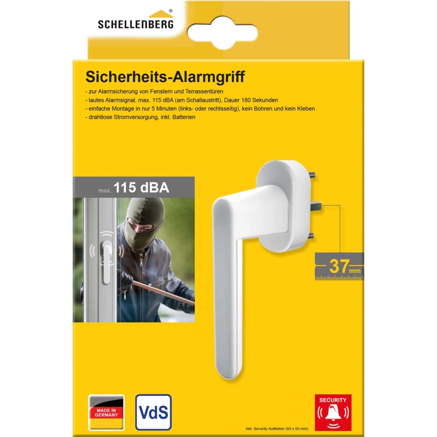 Schellenberg Sicherheits-Alarmgriff, weiß, 37 mm. Fenstergriff mit Alarmanlage für erhöhte Sicherheit.