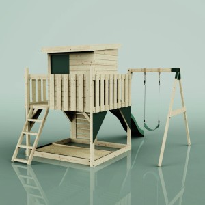 PolarPlay Spielturm Alma mit Schaukel und Rutsche, Holz natur/dunkelgrün.