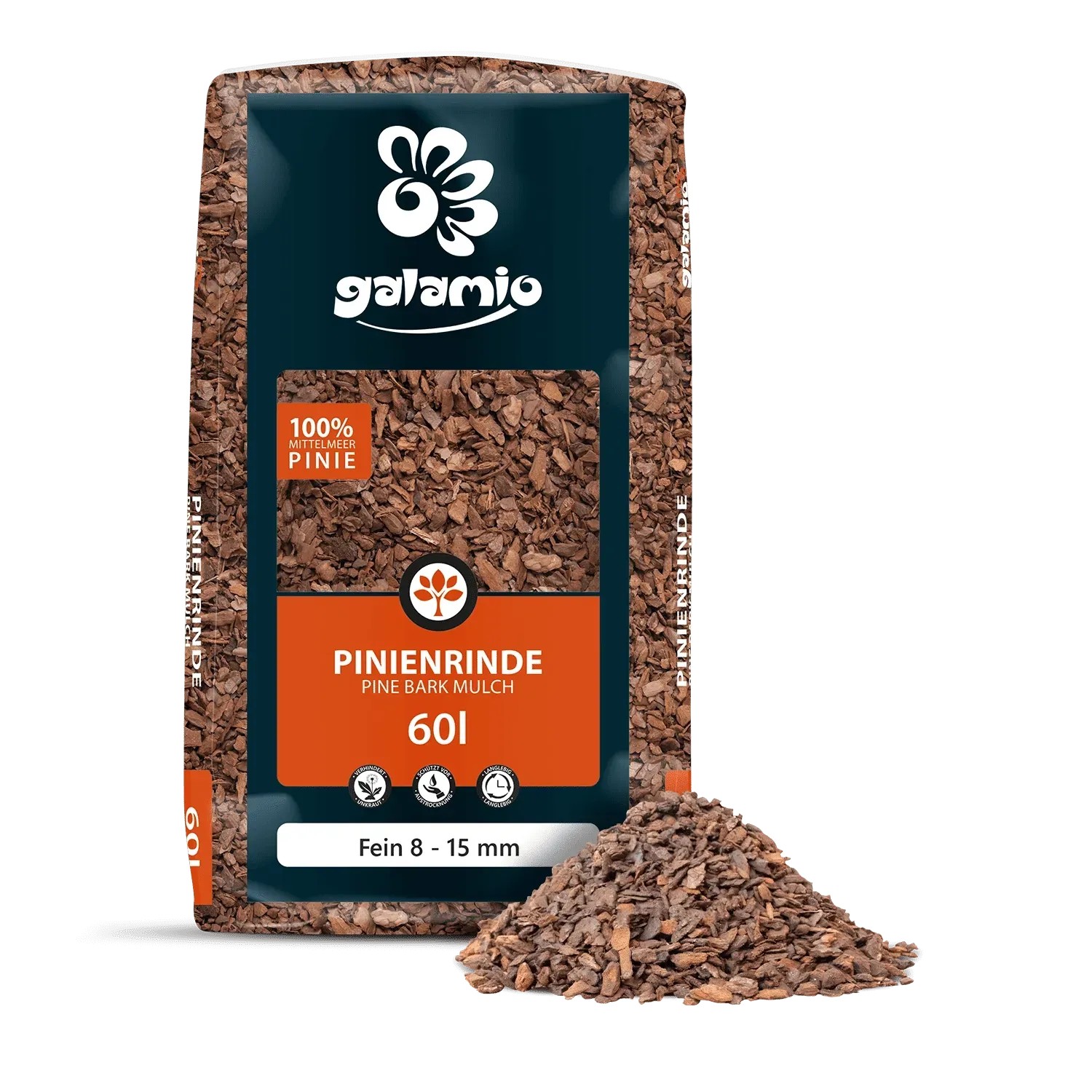 Sack Galamio Pinienrinde Fein, 60l, mit rostroter Rinde. Ideal zur Bodenabdeckung und Unkrauthemmung.