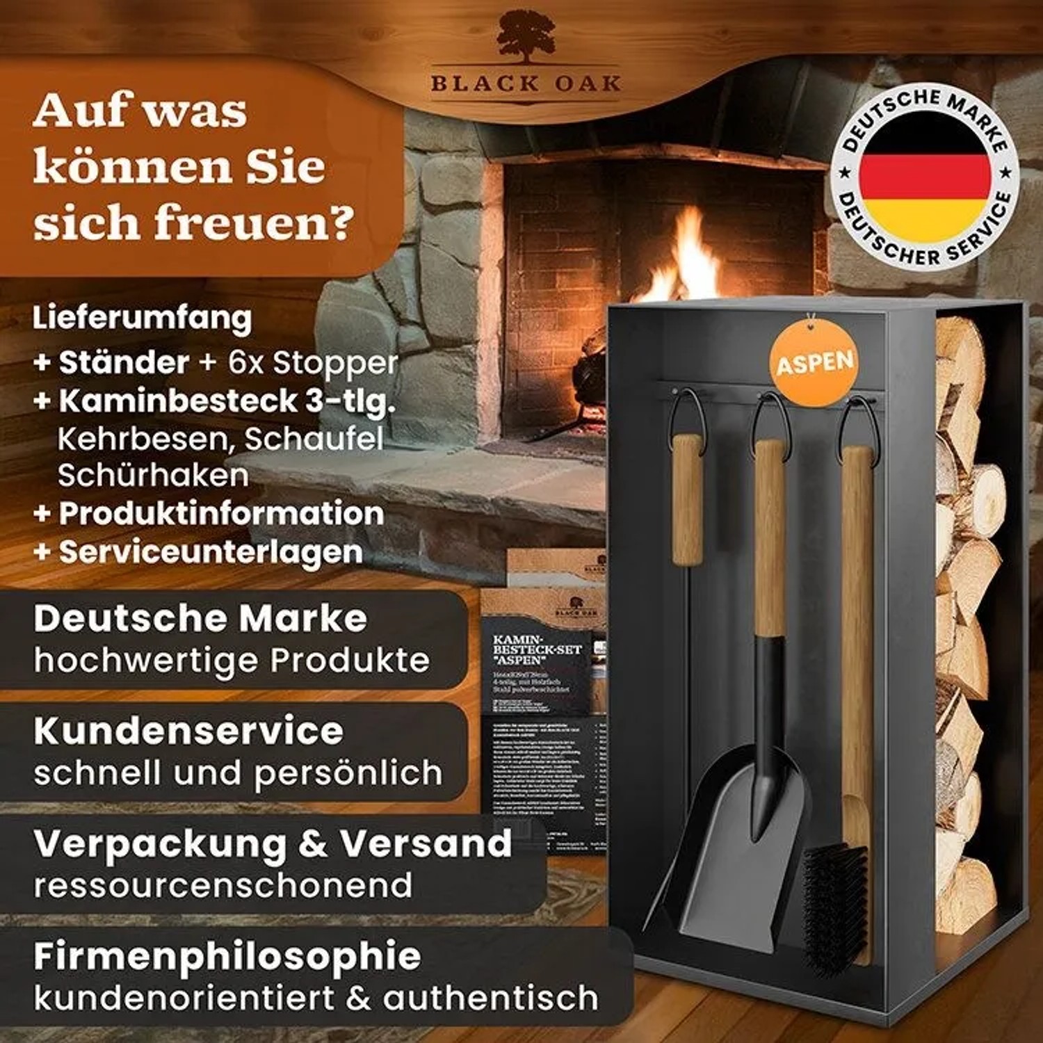 BLACK OAK Kaminbesteck ASPEN 4-Teilig – Kompaktes Kaminwerkzeug-Set aus Stahl Pulverbeschichtet mit Ständer für Kaminofen kaufen bei OBI
