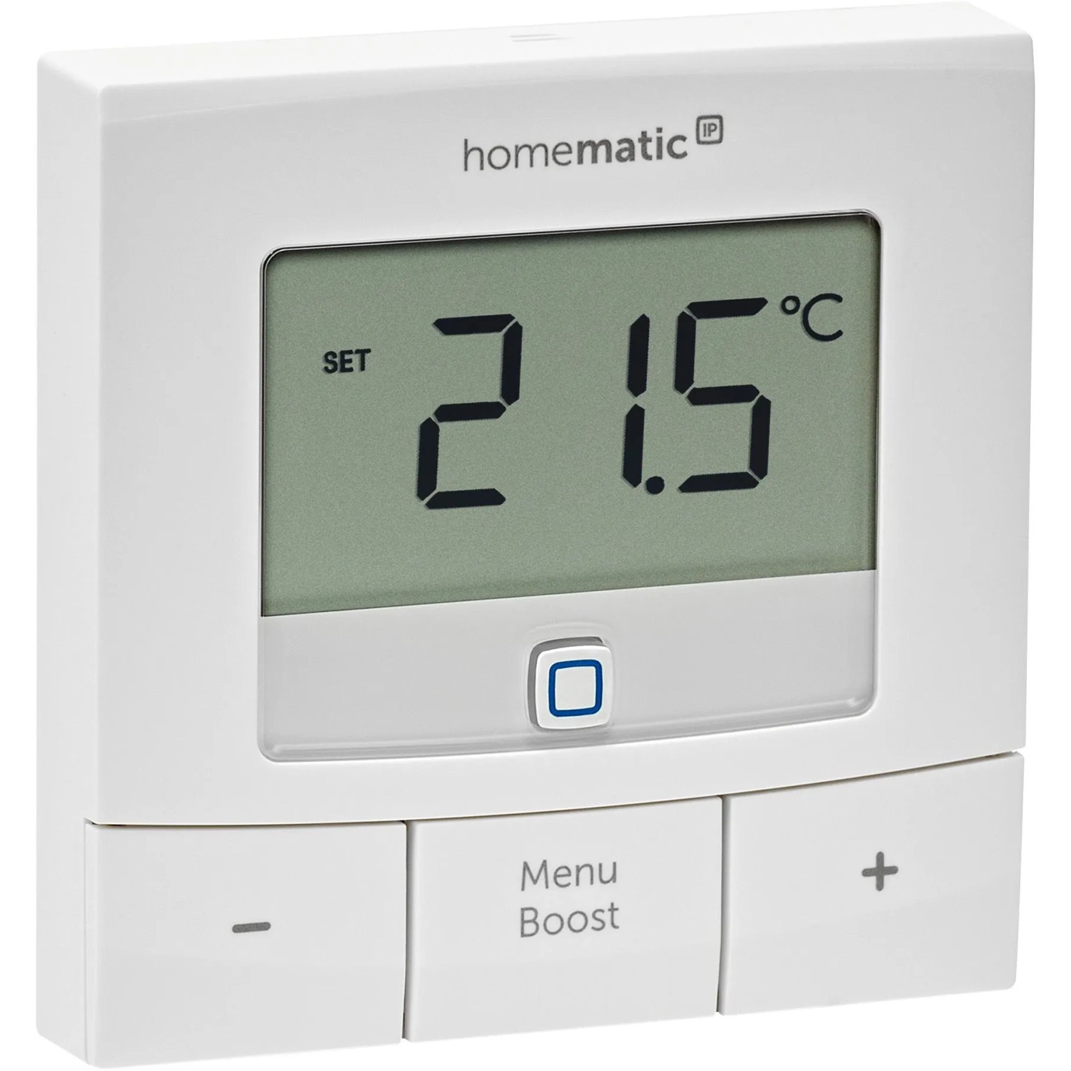 Weißer Homematic IP Wandthermostat Basic mit großem LC-Display, zeigt 21.5 °C. Zur Hausautomation & Temperaturregelung.
