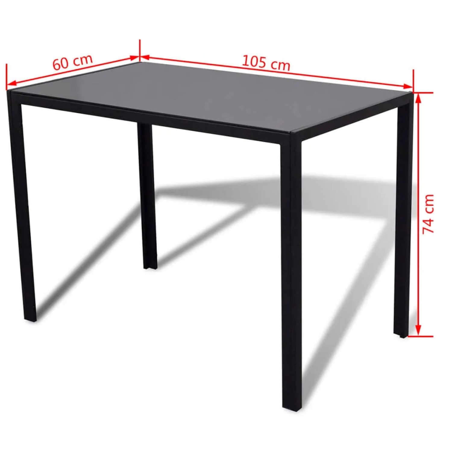 Schwarzes 5-teiliges Esstisch-Set mit Tisch aus Glas und 4 Kunstlederstühlen.