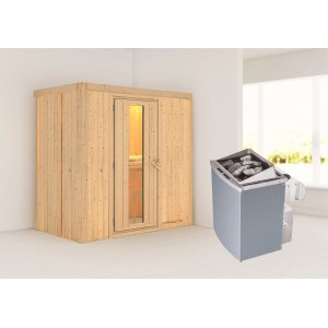 Karibu Sauna Vera mit Holz-Glastür und Saunaofen mit Steuerung. Massivholzsauna für entspannte Stunden.