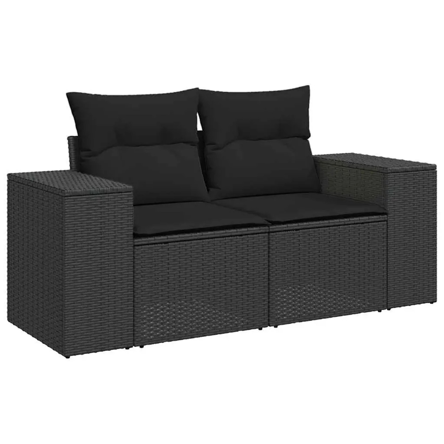 Schwarze 2-Sitzer Garten-Sofagarnitur aus Poly Rattan mit Kissen. Teil der vidaXL 7-Tlg. Gartenmöbel Set.