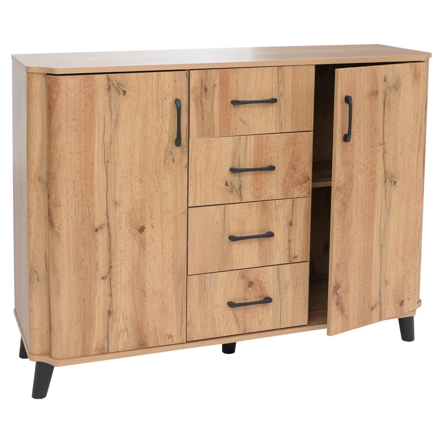 MCW Kommode P42 4 Schubladen Staufächer 2 Türen MDF 92x120x40cm Wotan-Eiche-Optik