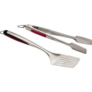 Char-Broil Grillbesteck-Set, 2-teilig: Wender und Zange aus Edelstahl mit roten Akzenten.