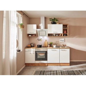 Respekta Küchenzeile 220 cm in Weiß und Wildeiche Nachbildung mit E-Geräten.