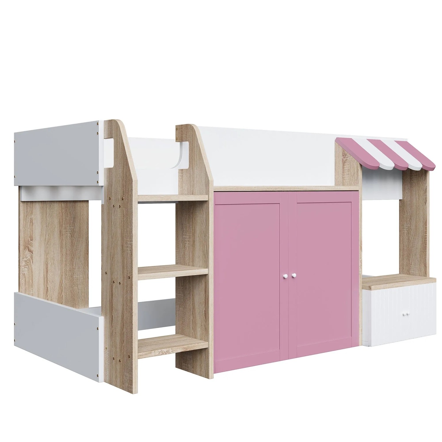Merax Hausbett 90x200cm Massivholz Stauraum Weiß Rosa Holz