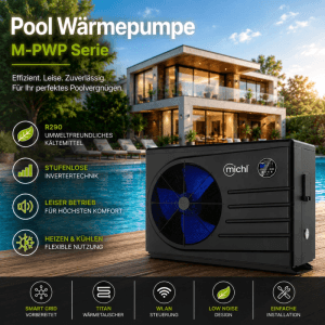 Schwarze Michl Inverter Pool-Wärmepumpe M-PWP1 mit blauem Lüfter am Pool. Effizientes Heizsystem für angenehme Wassertemperatur.