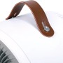 Detailaufnahme: Weißer 2in1 Heizlüfter und Ventilator mit braunem Tragegriff.