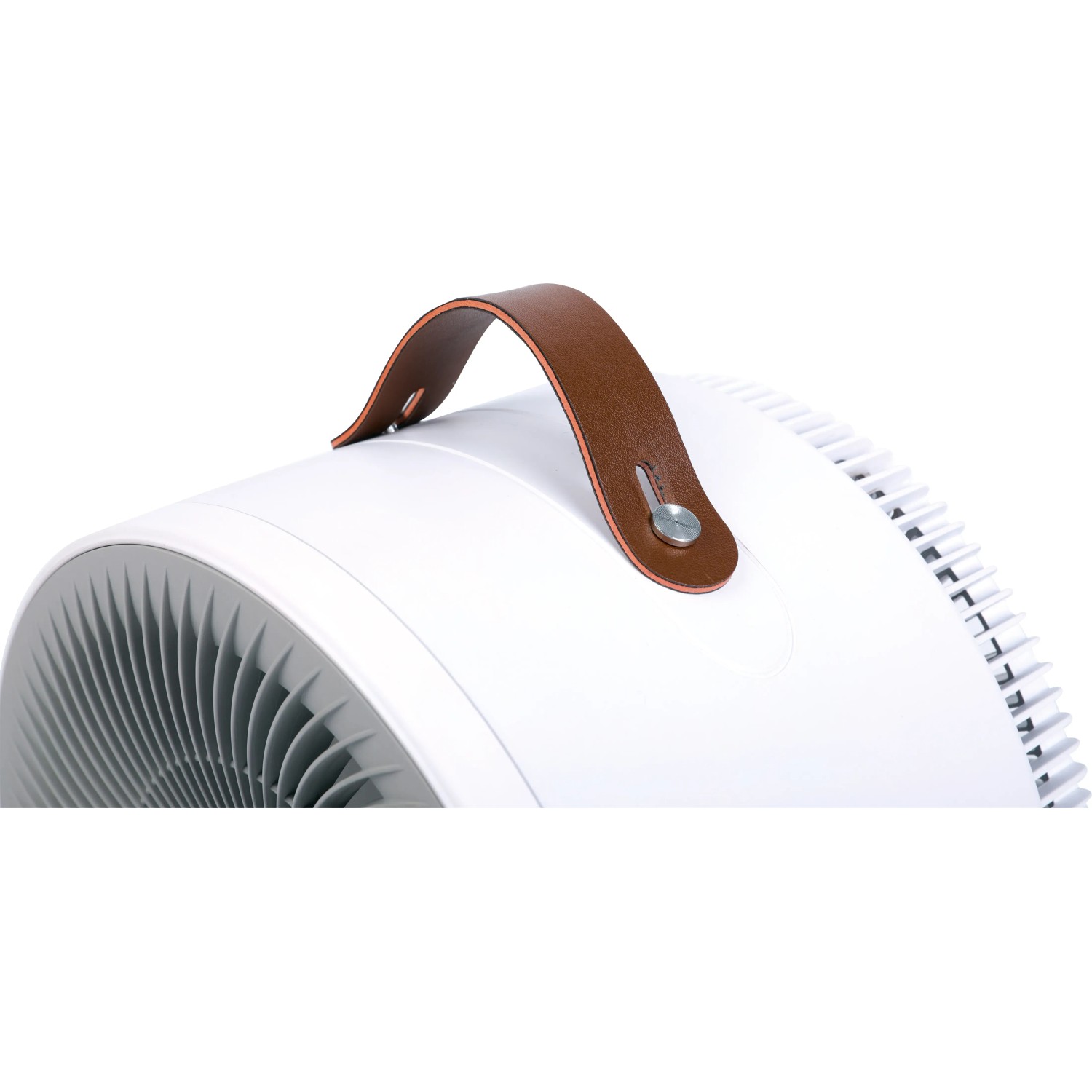 Detailaufnahme: Weißer 2in1 Heizlüfter und Ventilator mit braunem Tragegriff.