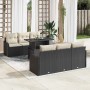 Schwarzes 7-teiliges Garten-Sofa-Set aus Poly Rattan mit Tisch und beigen Kissen.