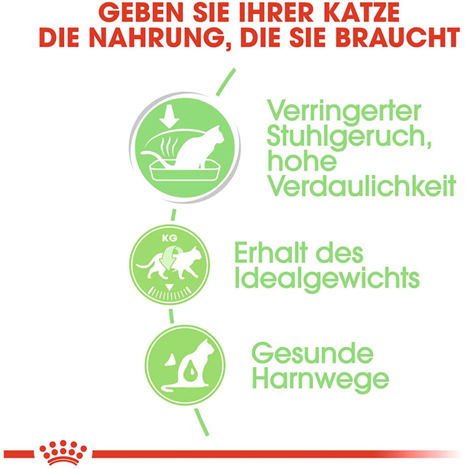 Grafik zu Royal Canin Digest Sensitive Katzenfutter: Reduzierter Stuhlgeruch, Idealgewicht, gesunde Harnwege.