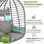 Grauer Rattan-Hängesessel mit dicken, ergonomischen grauen Kissen für Komfort und Nackenstütze.