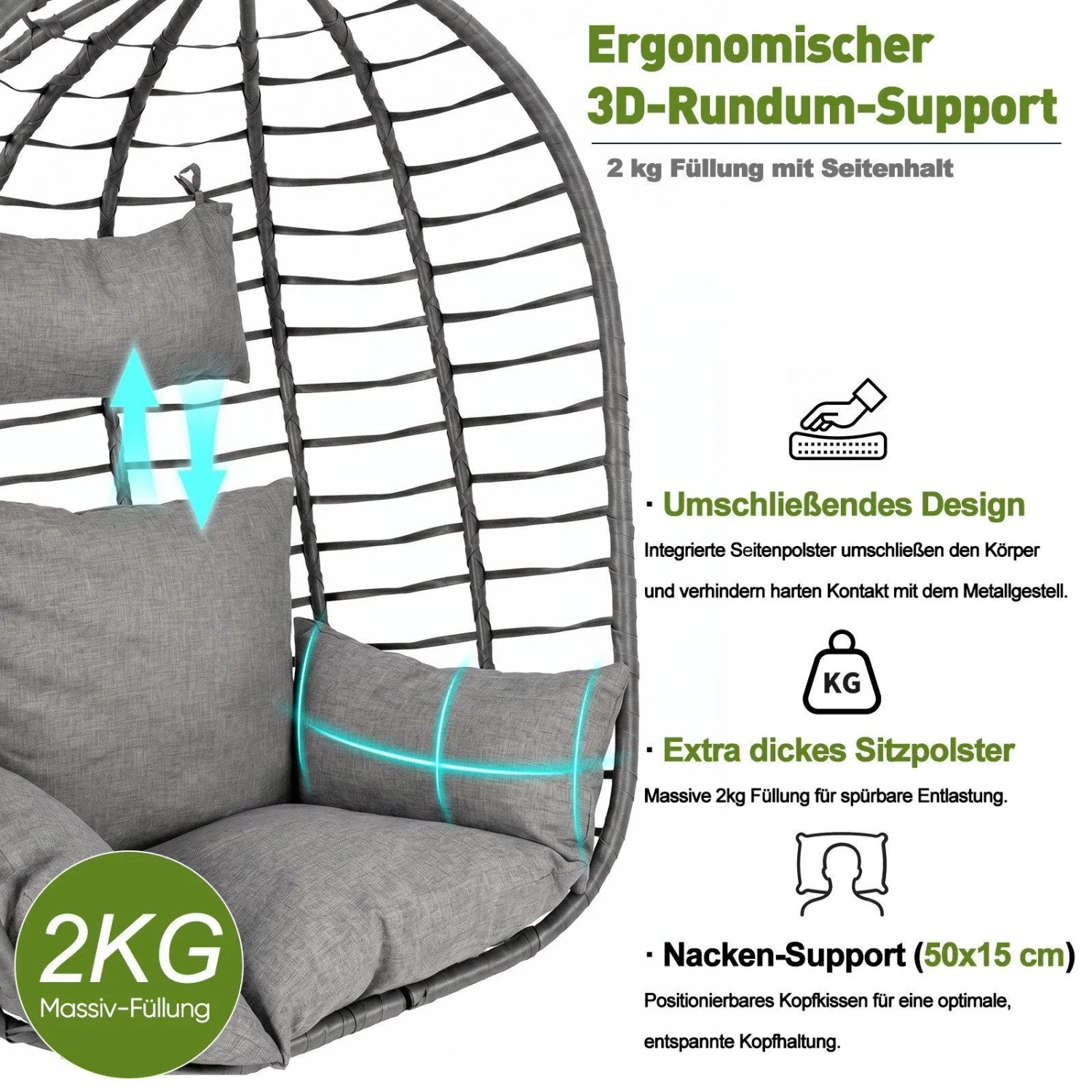 Grauer Rattan-Hängesessel mit dicken, ergonomischen grauen Kissen für Komfort und Nackenstütze.
