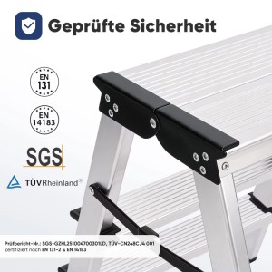 Sekey Alu Trittleiter: TÜV & SGS geprüft nach EN 131 und EN 14183. Stabile 3-Stufen-Haushaltsleiter.