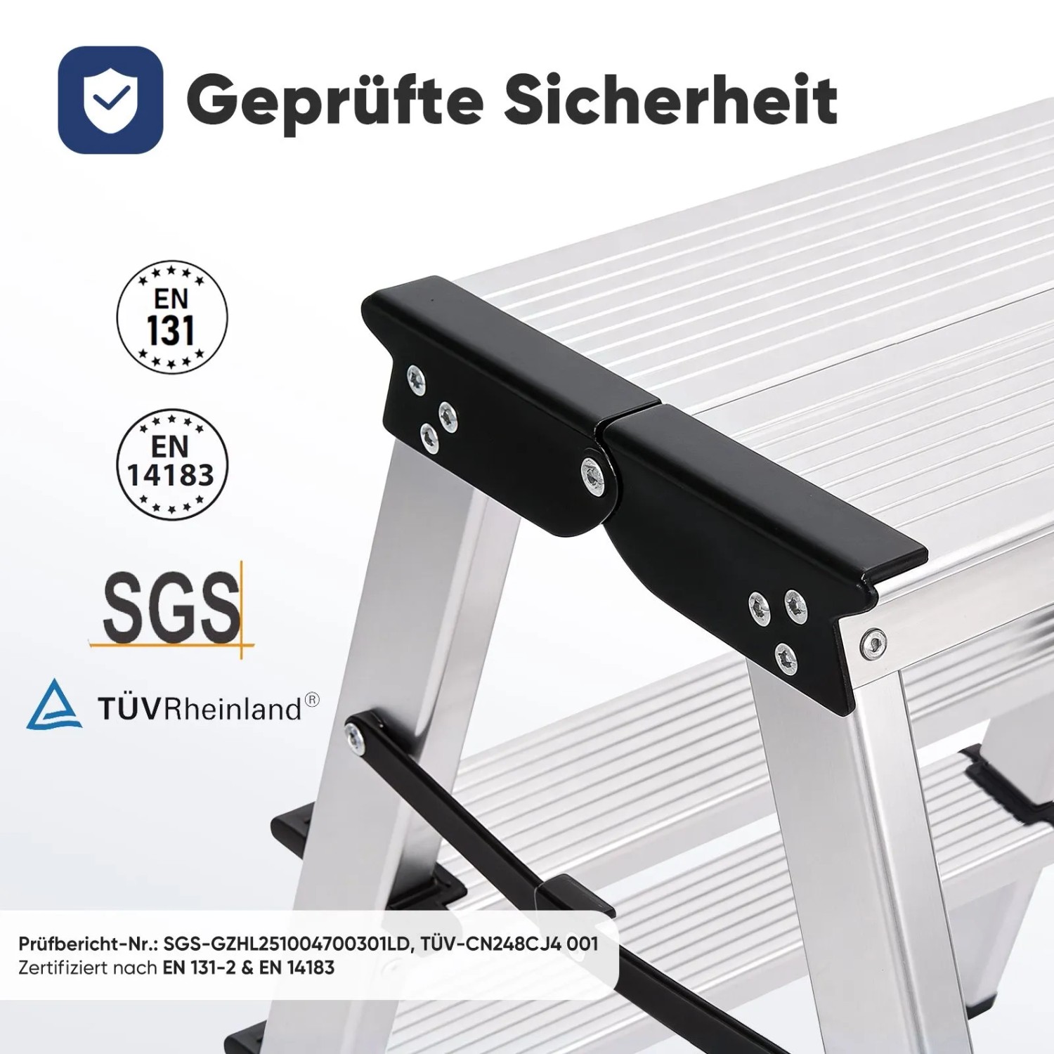 Sekey Alu Trittleiter: TÜV & SGS geprüft nach EN 131 und EN 14183. Stabile 3-Stufen-Haushaltsleiter.