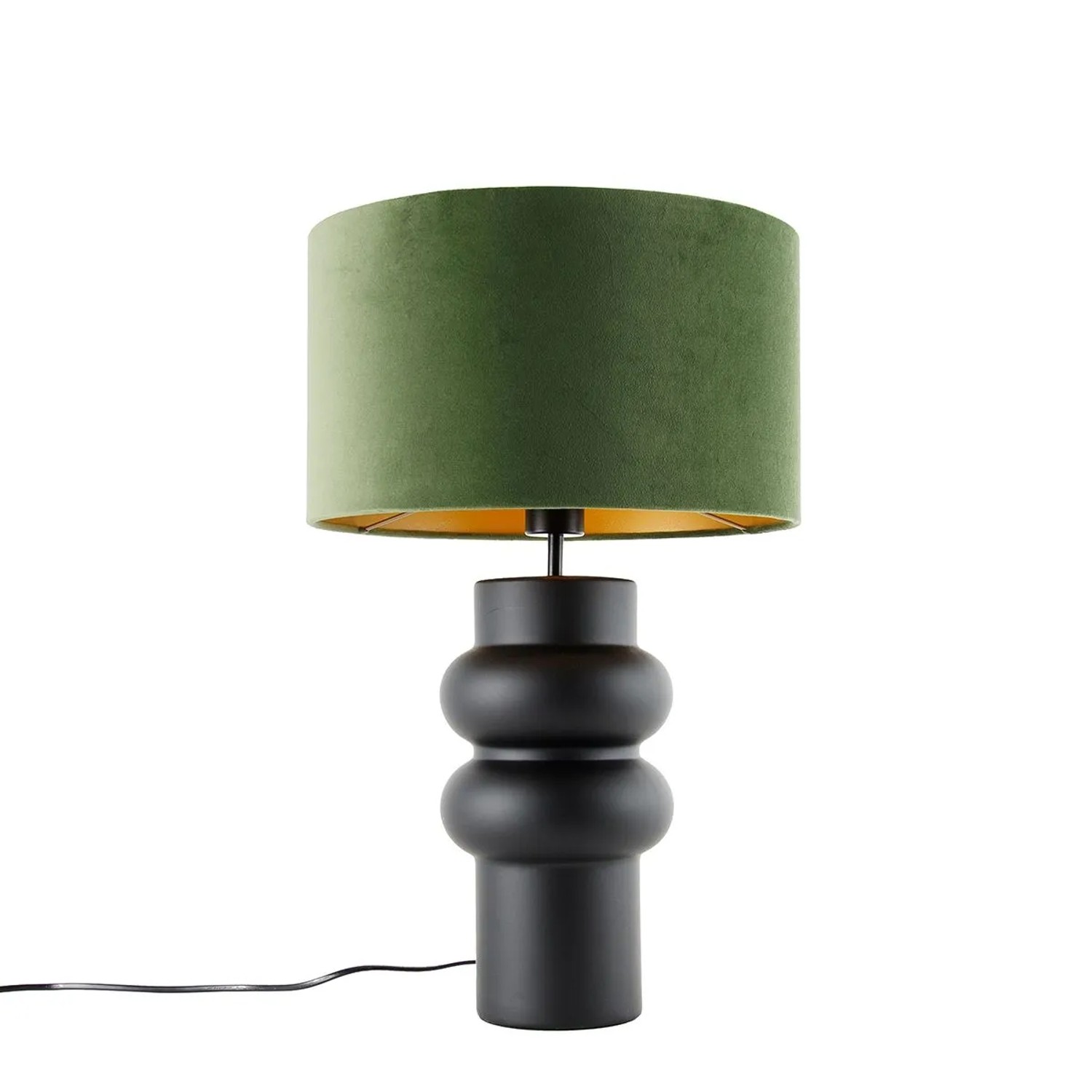 QAZQA Design Tischleuchte Schwarz Samt Schirm Grün mit Gold 35 cm Alisia