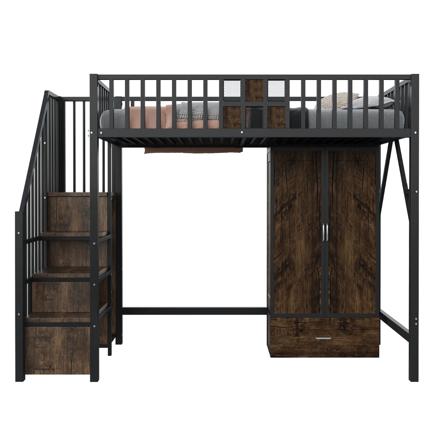 okwish Hochbett 90x200cm mit Kleiderschrank Schubladenleiter Jugendbett Schwarz ohne Matratze
