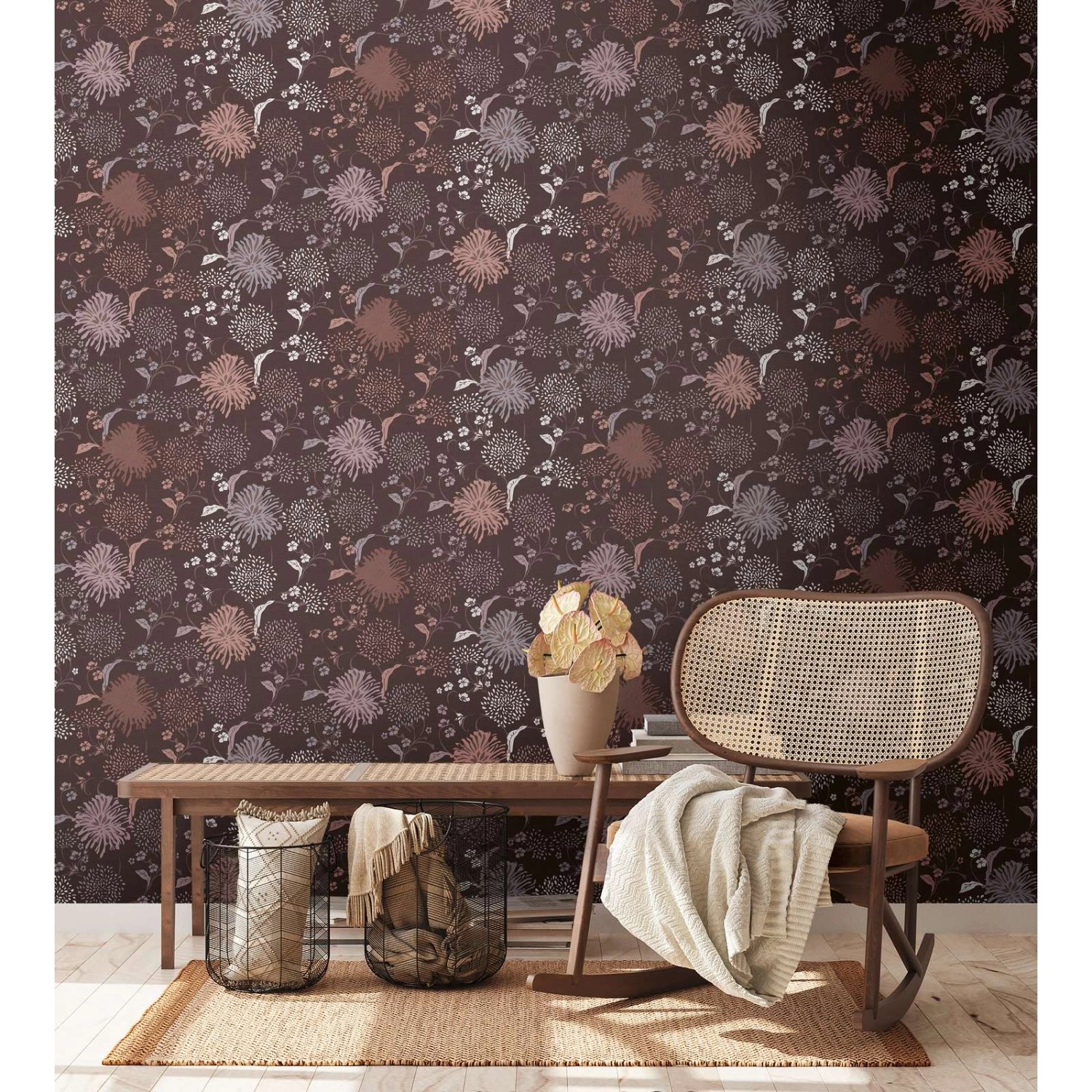 Bricoflor Vlies Blumentapete in Rot mit abstraktem Blumenmuster für Wohn- und Schlafzimmer.