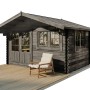Graues Holz-Gartenhaus Gabriel-34 mit Doppeltür und Fenster auf Holzterrasse.